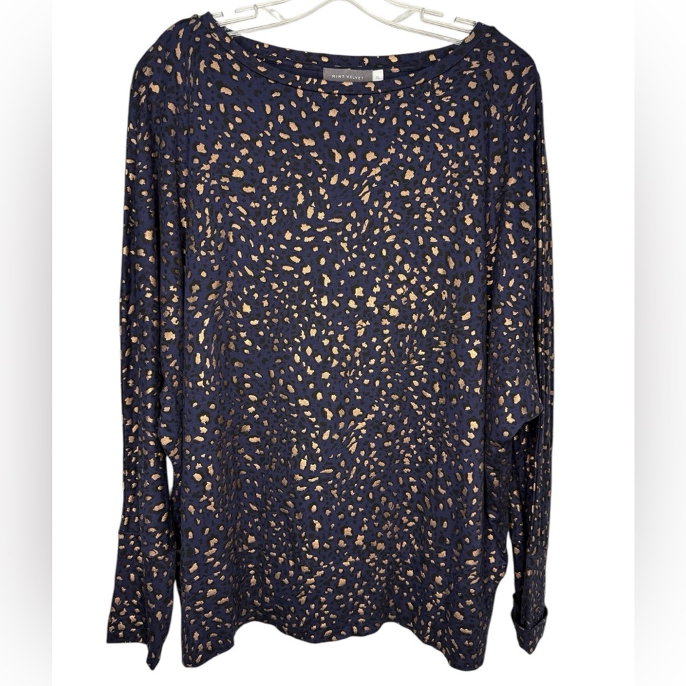 Mint Velvet Women's Navy and Tan Bronze Leopard Print Batwing Top - XL